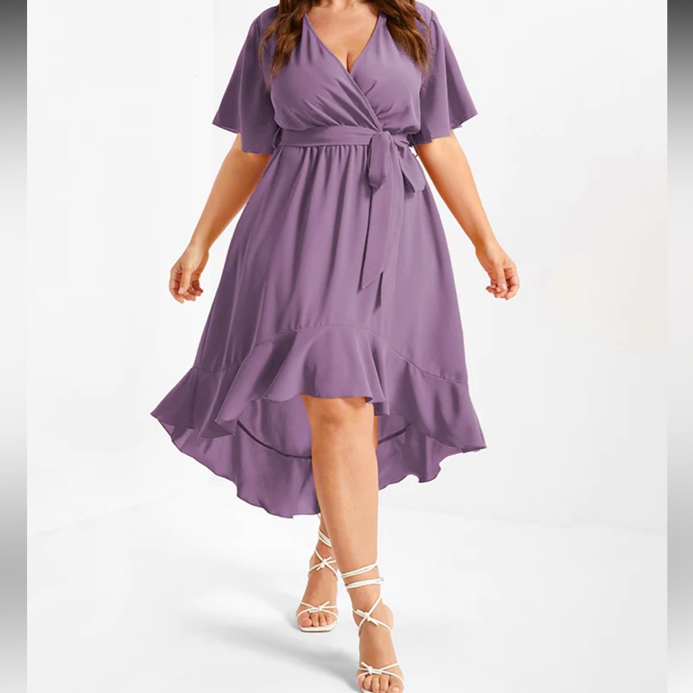 Bloom Dress - Solid Tie Surplice Ruffle High Low Dress